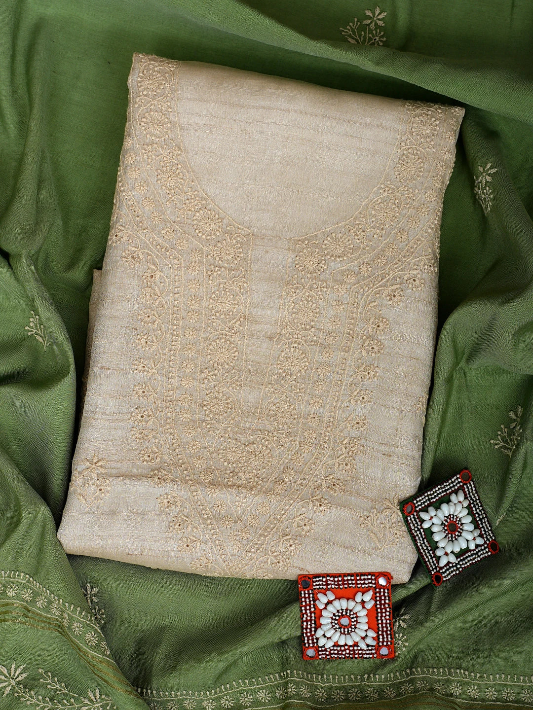 Ada Hand Embroidered Fawn Tussar Lucknowi Chikankari Unstitched Kurta Dupatta Set 01A918342