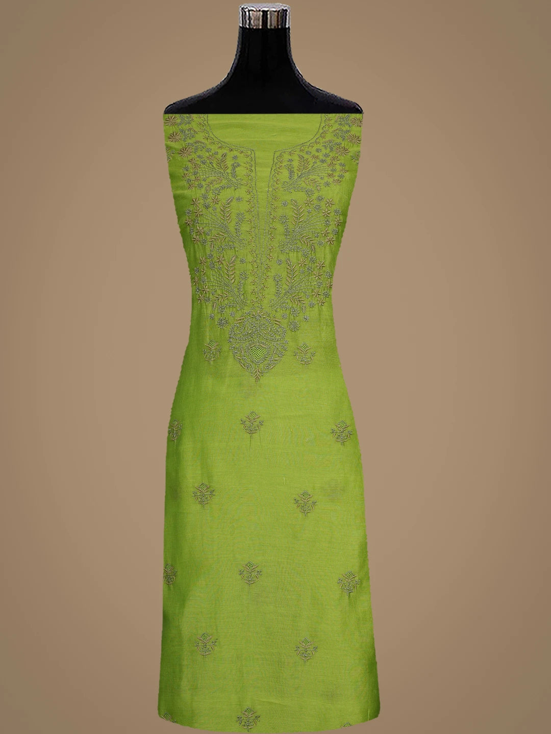 Ada Hand Embroidered Parrot Green Chanderi Lucknowi Chikankari Unstitched Kurta Dupatta Set 01A918353