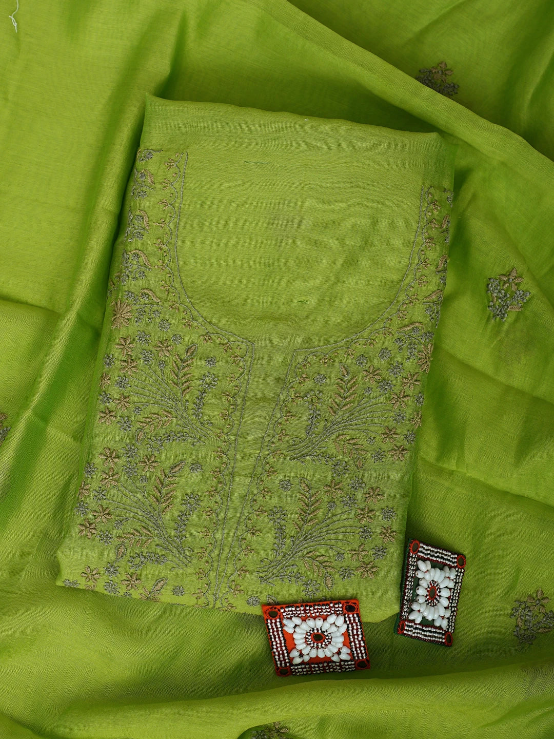 Ada Hand Embroidered Parrot Green Chanderi Lucknowi Chikankari Unstitched Kurta Dupatta Set 01A918353