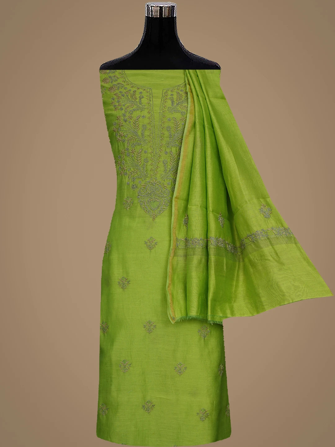 Ada Hand Embroidered Parrot Green Chanderi Lucknowi Chikankari Unstitched Kurta Dupatta Set 01A918353