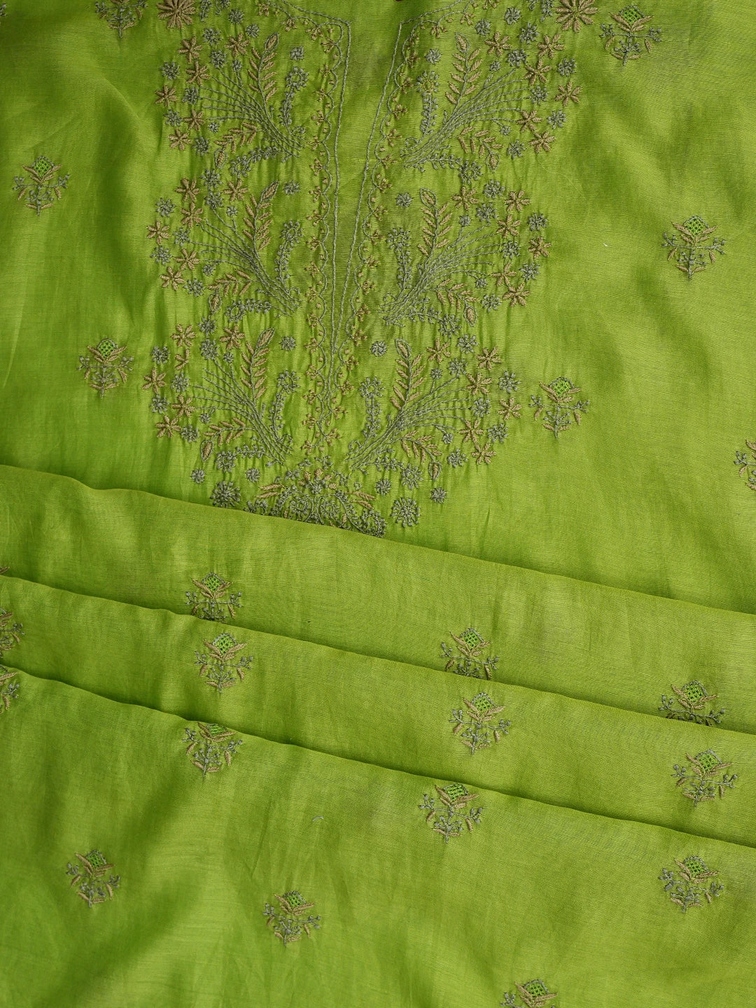 Ada Hand Embroidered Parrot Green Chanderi Lucknowi Chikankari Unstitched Kurta Dupatta Set 01A918353