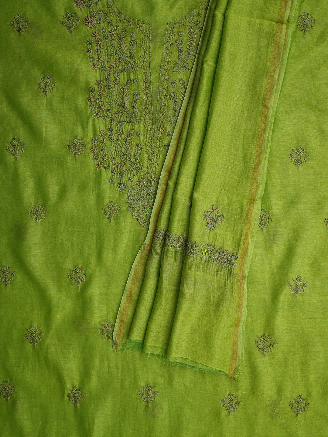 Ada Hand Embroidered Parrot Green Chanderi Lucknowi Chikankari Unstitched Kurta Dupatta Set 01A918353