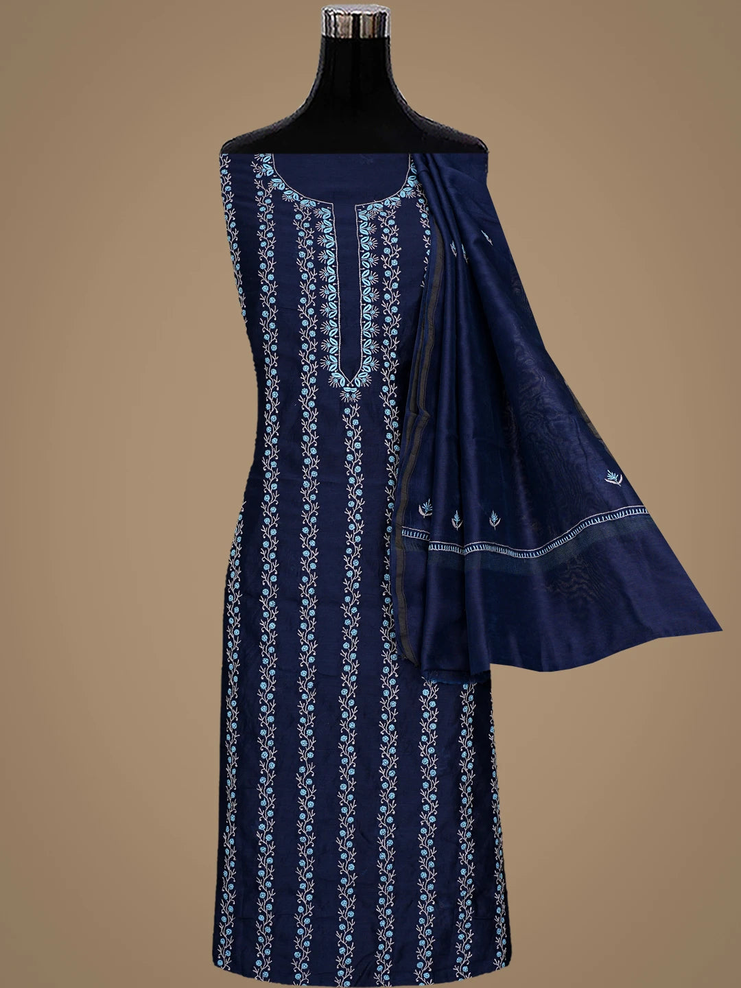 Ada Hand Embroidered Navy Blue Chanderi Lucknowi Chikankari Unstitched Kurta Dupatta Set 01918362