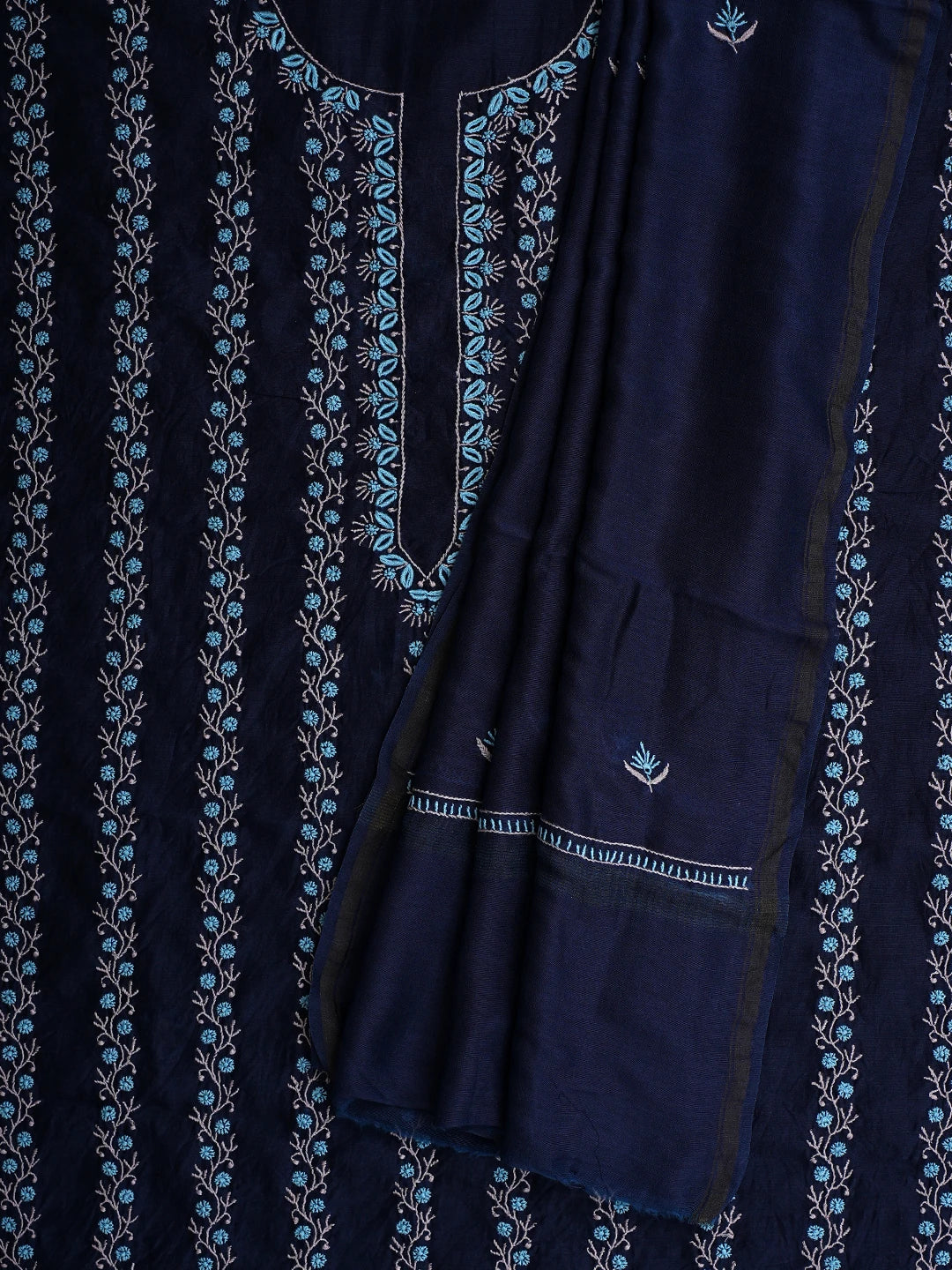 Ada Hand Embroidered Navy Blue Chanderi Lucknowi Chikankari Unstitched Kurta Dupatta Set 01918362