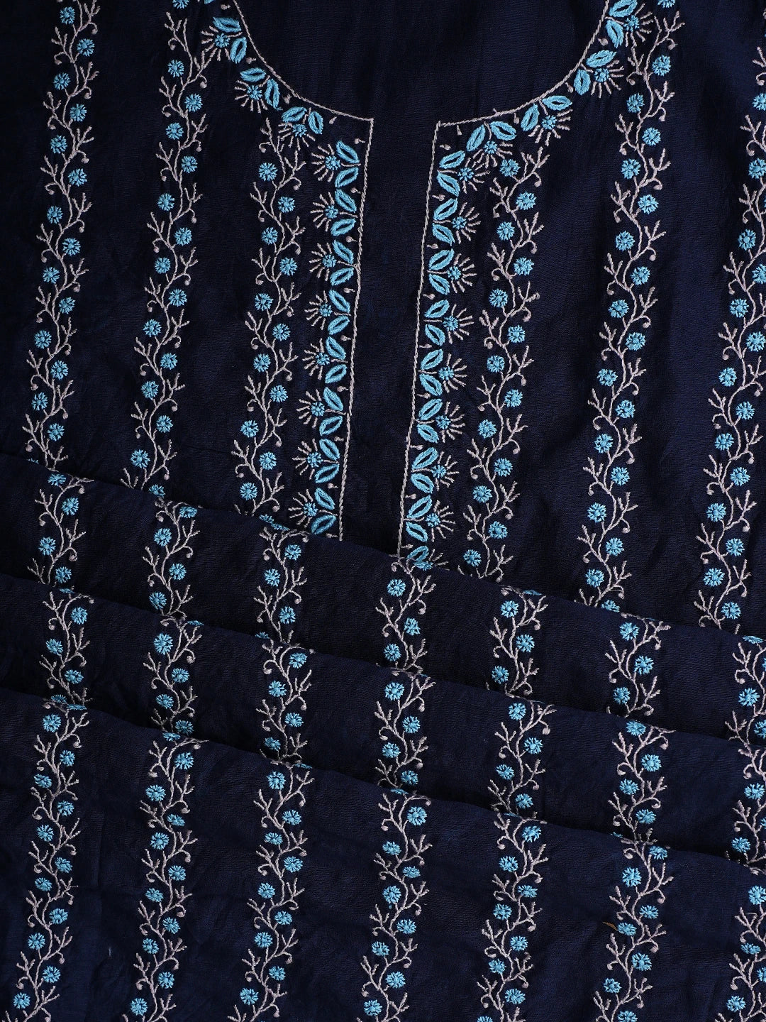 Ada Hand Embroidered Navy Blue Chanderi Lucknowi Chikankari Unstitched Kurta Dupatta Set 01918362