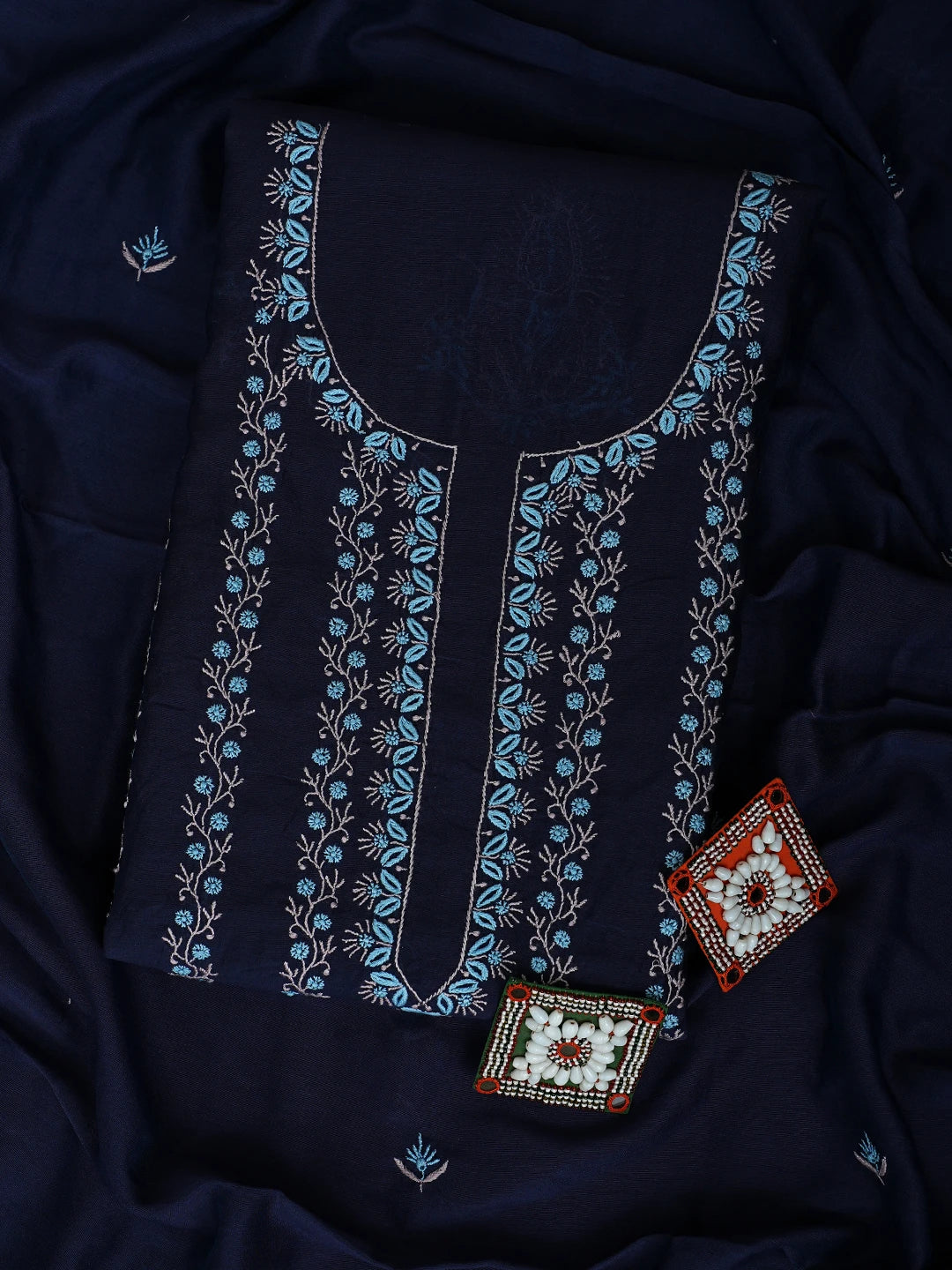 Ada Hand Embroidered Navy Blue Chanderi Lucknowi Chikankari Unstitched Kurta Dupatta Set 01918362