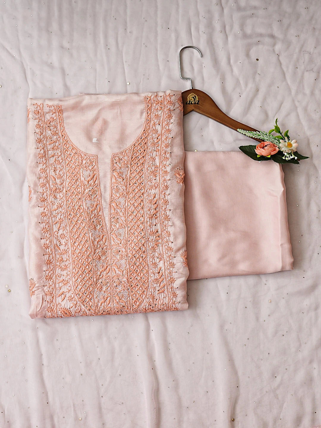 Ada Hand Embroidered Peach Tussar Silk Lucknowi Chikankari Unstitched Suit Piece With Muqaish/Mukaish Work 01A920447