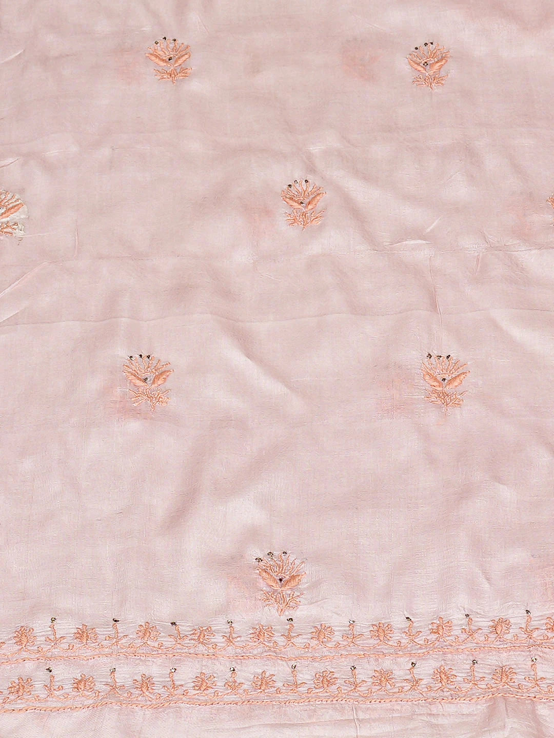 Ada Hand Embroidered Peach Tussar Silk Lucknowi Chikankari Unstitched Suit Piece With Muqaish/Mukaish Work 01A920447