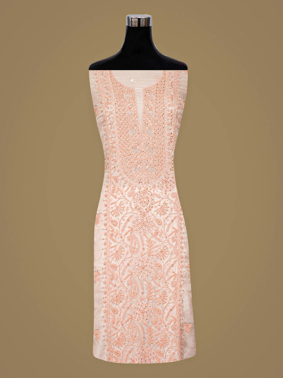Ada Hand Embroidered Peach Tussar Silk Lucknowi Chikankari Unstitched Suit Piece With Muqaish/Mukaish Work 01A920447