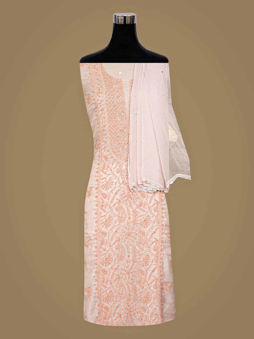 Ada Hand Embroidered Peach Tussar Silk Lucknowi Chikankari Unstitched Suit Piece With Muqaish/Mukaish Work 01A920447