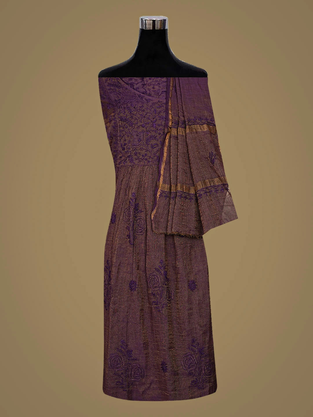 Ada Hand Embroidered Purple Tissue Lucknowi Chikankari Semi-stitched Kurta Dupatta Set 01A920349