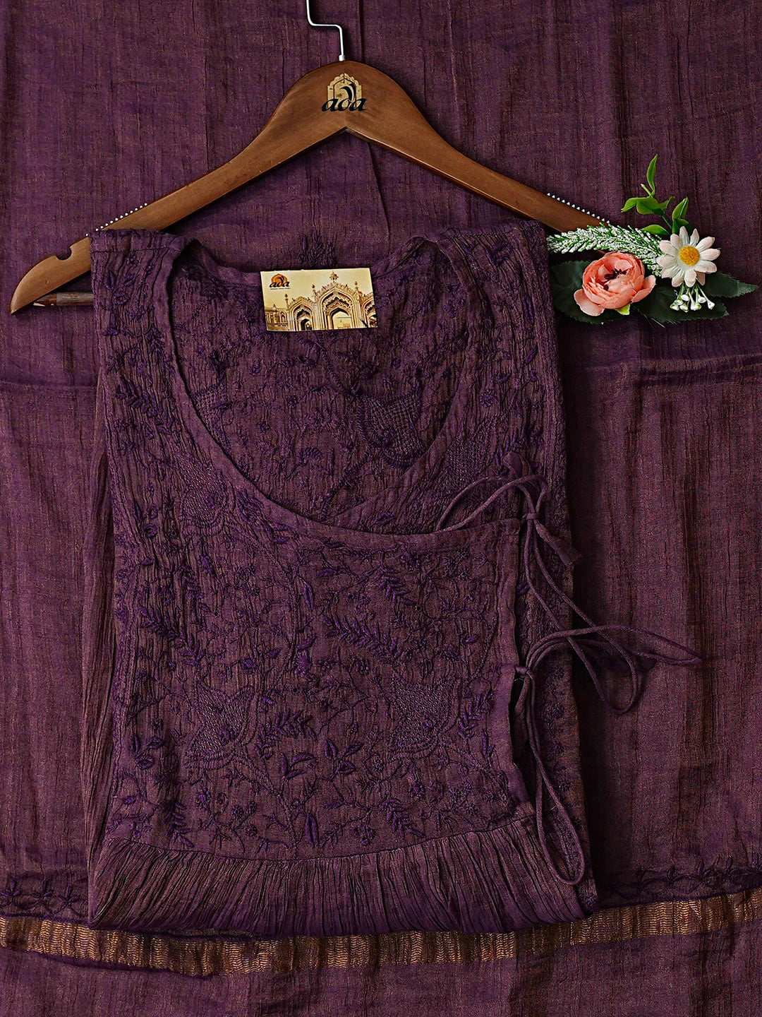 Ada Hand Embroidered Purple Tissue Lucknowi Chikankari Semi-stitched Kurta Dupatta Set 01A920349