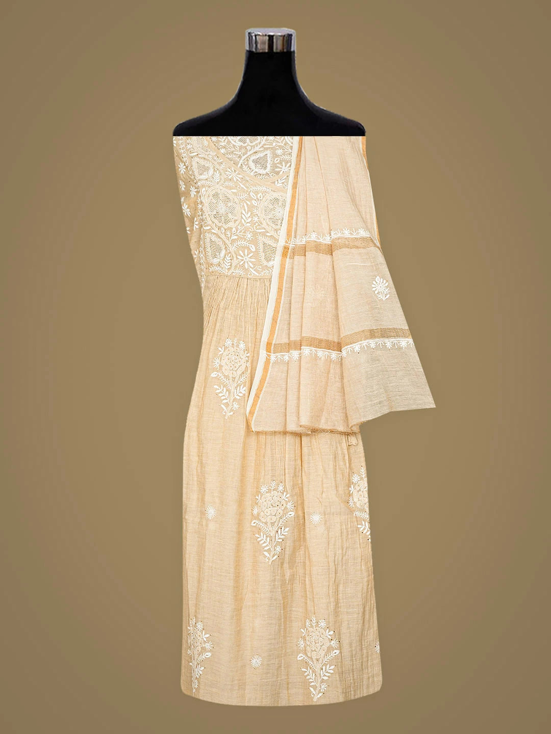 Ada Hand Embroidered Fawn Tissue Lucknowi Chikankari Semi-stitched Kurta Dupatta Set With Muqaish/Mukaish Work 01A920397