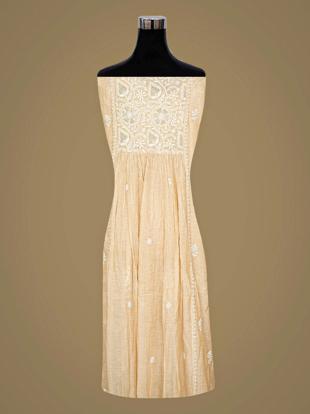 Ada Hand Embroidered Fawn Tissue Lucknowi Chikankari Semi-stitched Kurta Dupatta Set With Muqaish/Mukaish Work 01A920397