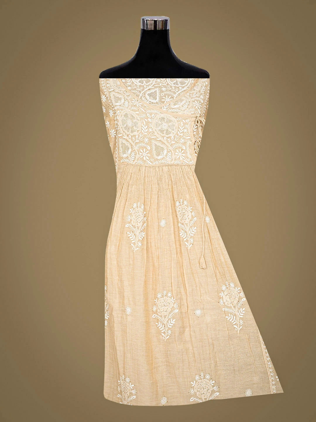 Ada Hand Embroidered Fawn Tissue Lucknowi Chikankari Semi-stitched Kurta Dupatta Set With Muqaish/Mukaish Work 01A920397