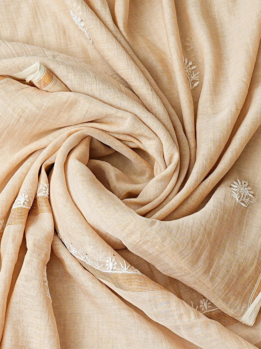Ada Hand Embroidered Fawn Tissue Lucknowi Chikankari Semi-stitched Kurta Dupatta Set With Muqaish/Mukaish Work 01A920397