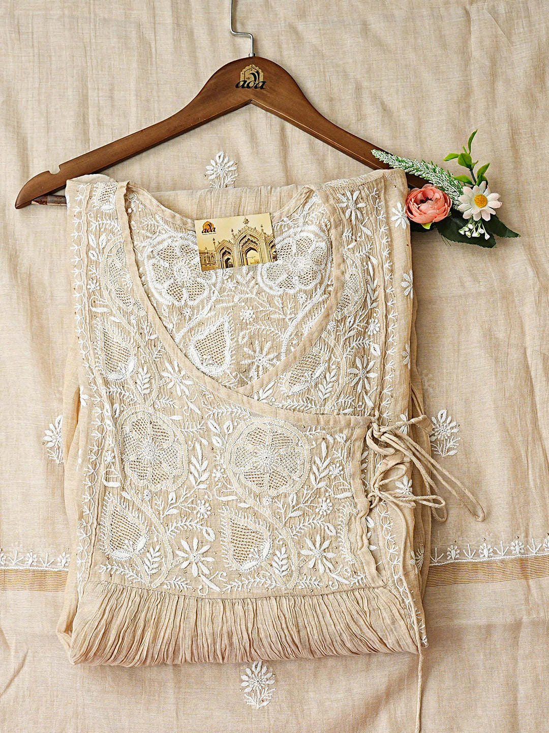 Ada Hand Embroidered Fawn Tissue Lucknowi Chikankari Semi-stitched Kurta Dupatta Set With Muqaish/Mukaish Work 01A920397