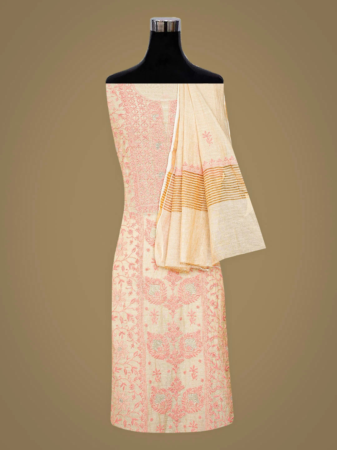Ada Hand Embroidered Fawn Tissue Lucknowi Chikankari Unstitched Kurta Dupatta Set 01A920426