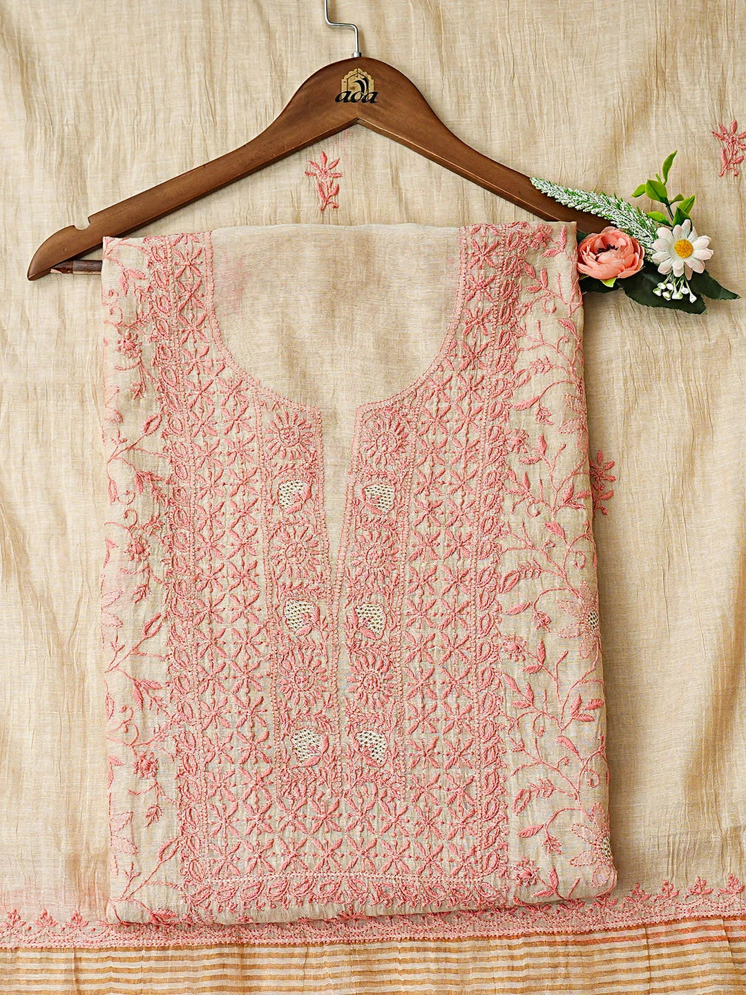 Ada Hand Embroidered Fawn Tissue Lucknowi Chikankari Unstitched Kurta Dupatta Set 01A920426