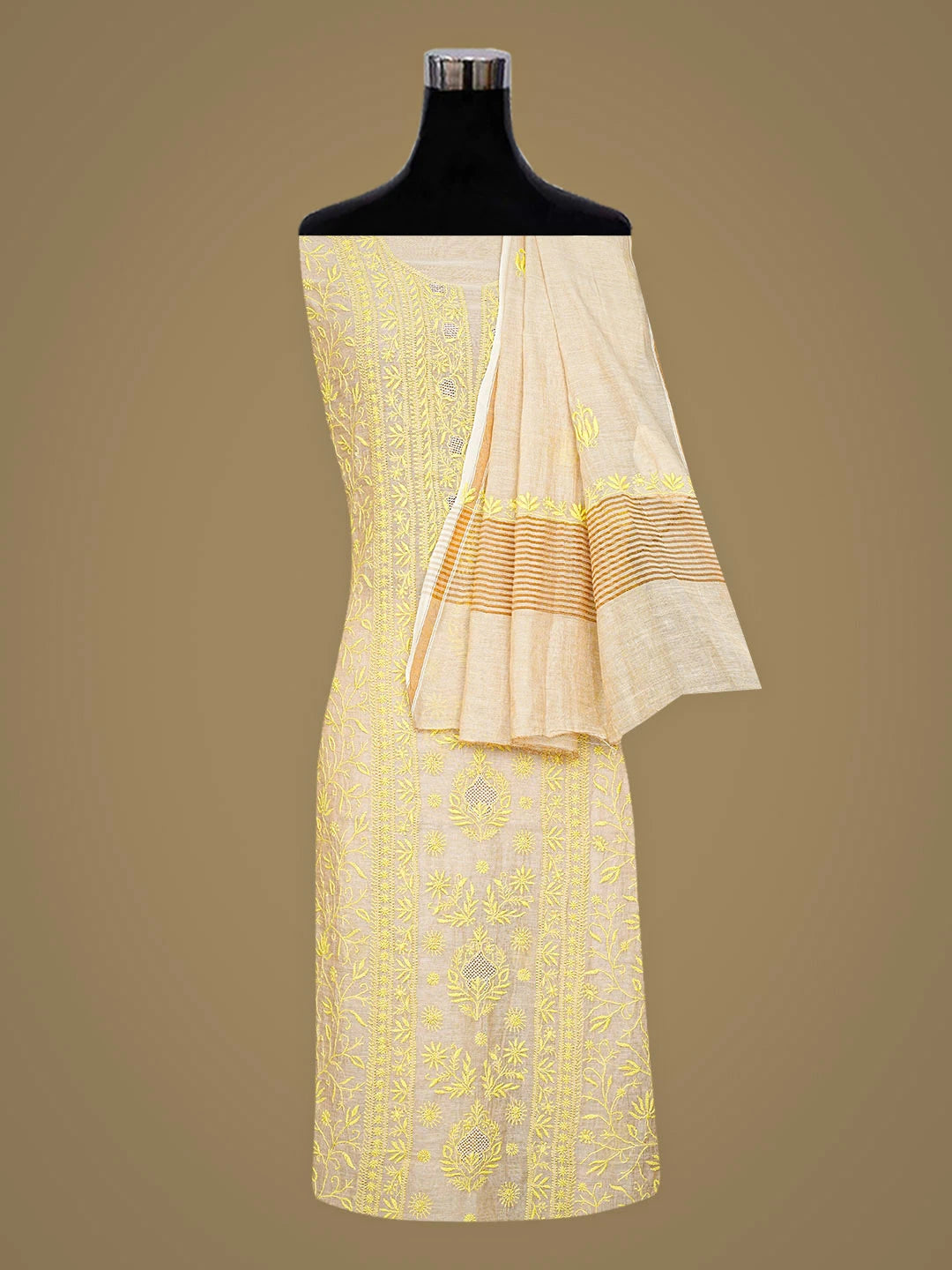 Ada Hand Embroidered Fawn Tissue Lucknowi Chikankari Unstitched Kurta Dupatta Set 01A920432