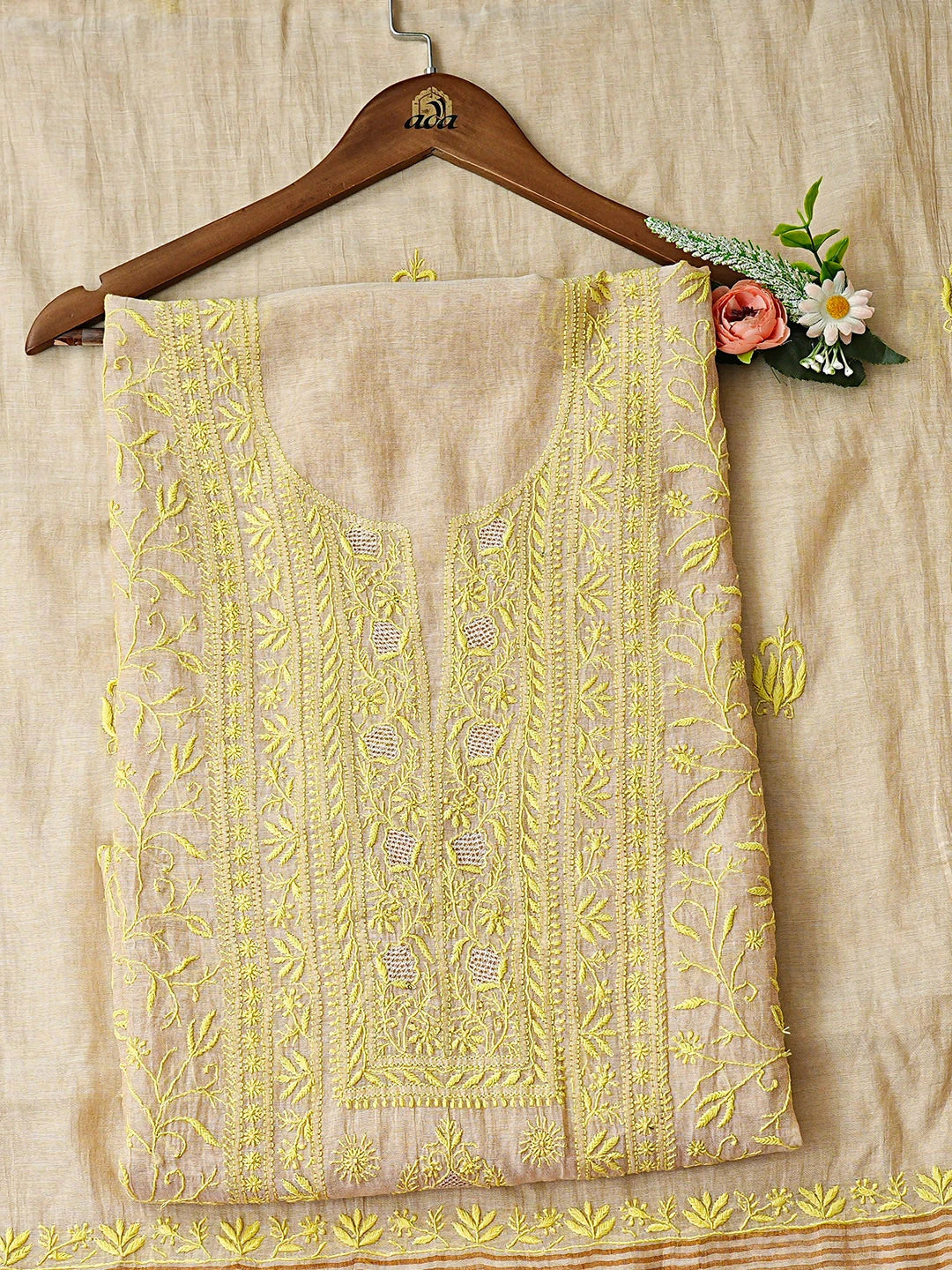 Ada Hand Embroidered Fawn Tissue Lucknowi Chikankari Unstitched Kurta Dupatta Set 01A920432