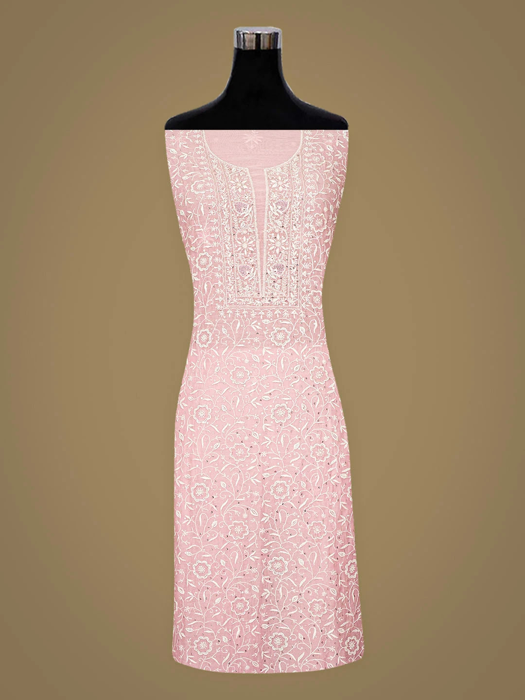 Ada Hand Embroidered Pink Chanderi Lucknowi Chikankari Unstitched Kurta Dupatta Set With Cutdana Work 01A919057