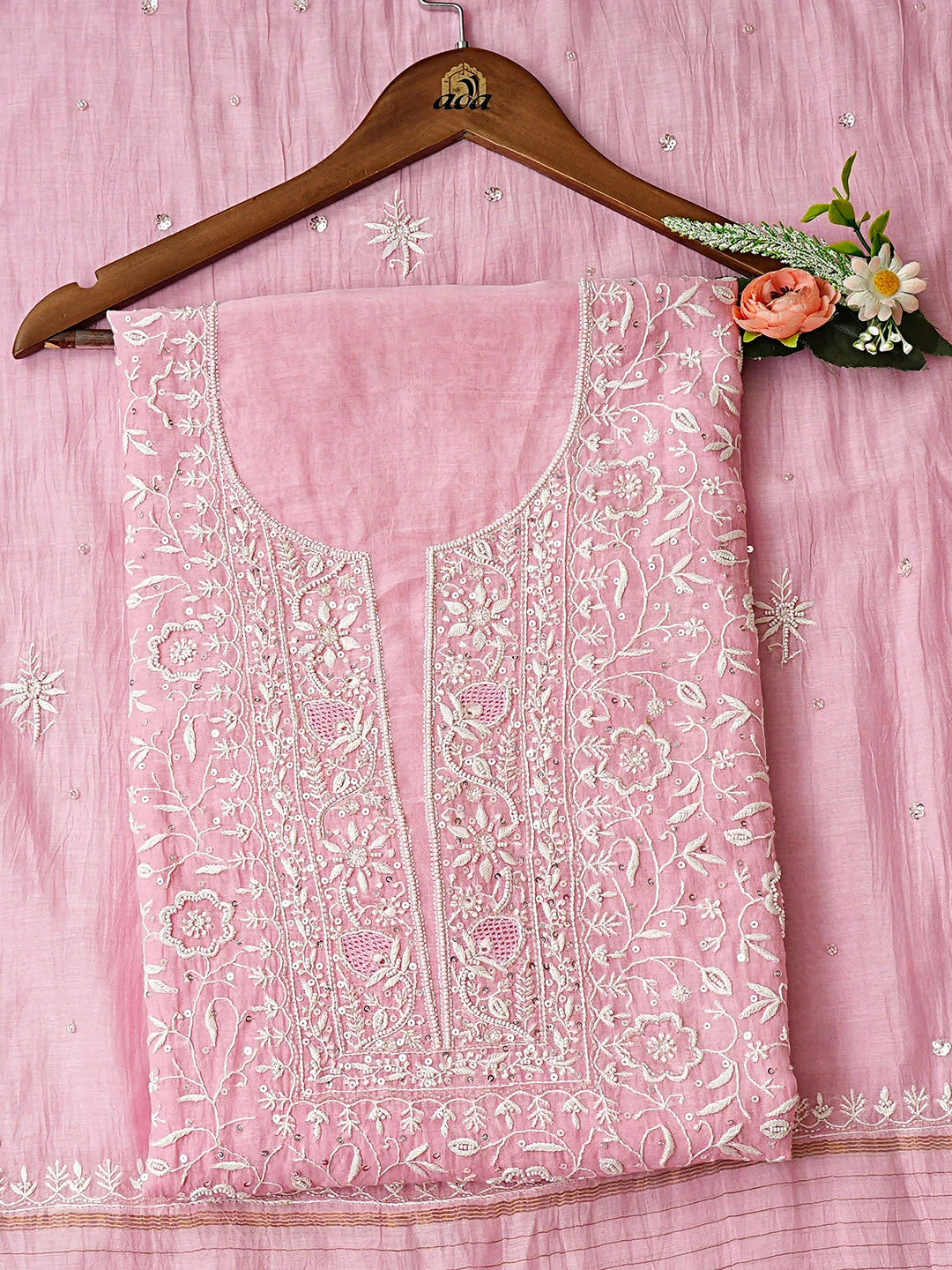 Ada Hand Embroidered Pink Chanderi Lucknowi Chikankari Unstitched Kurta Dupatta Set With Cutdana Work 01A919057