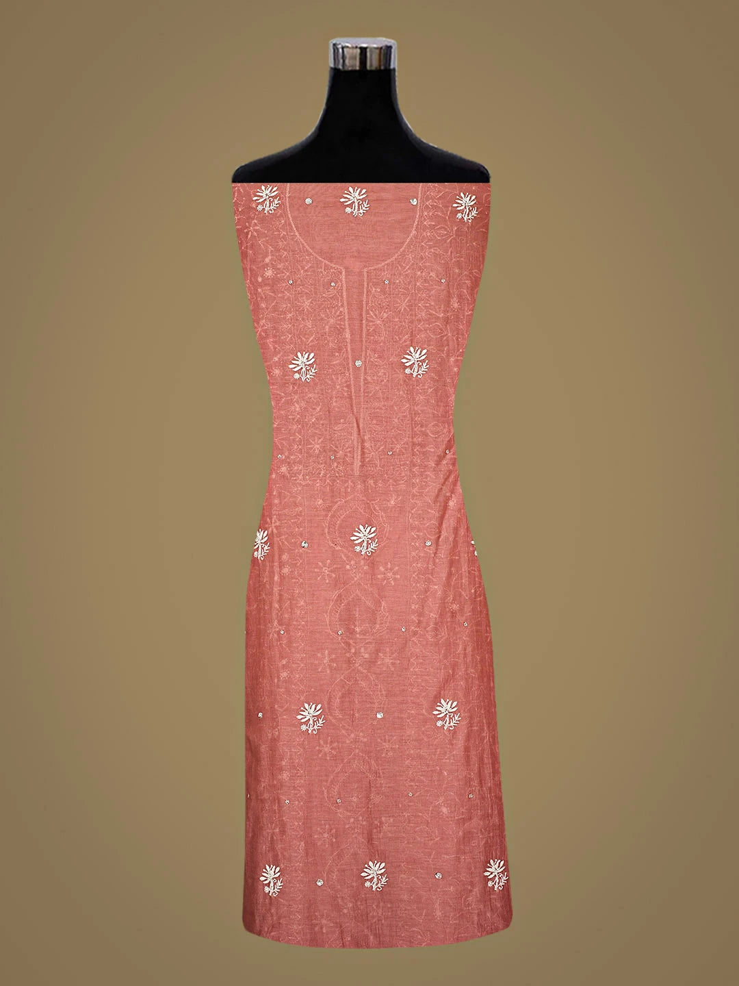 Ada Hand Embroidered Dusty Peach Chanderi Lucknowi Chikankari Unstitched Kurta Dupatta Set With Cutdana Work 01A919058