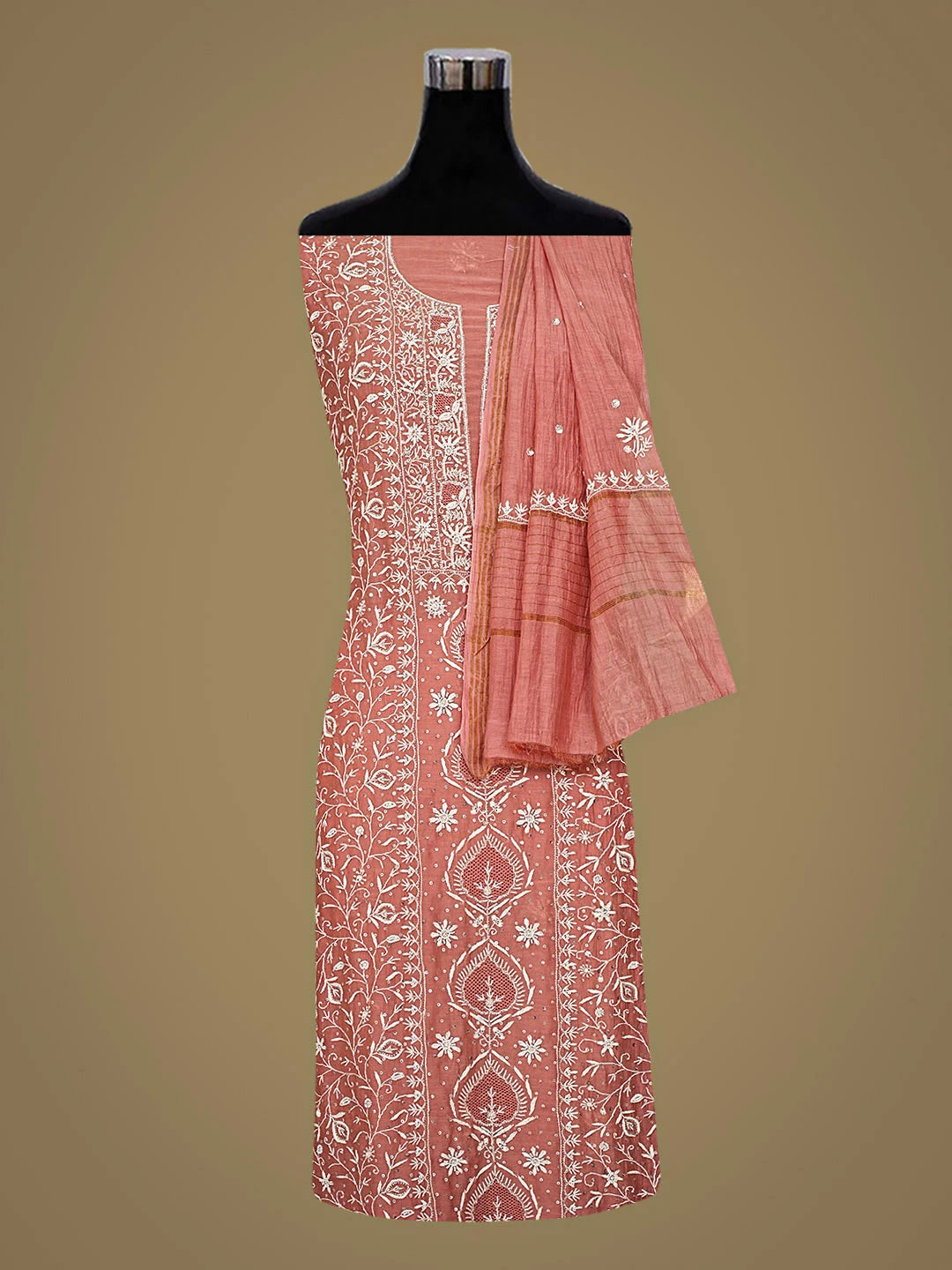 Ada Hand Embroidered Dusty Peach Chanderi Lucknowi Chikankari Unstitched Kurta Dupatta Set With Cutdana Work 01A919058