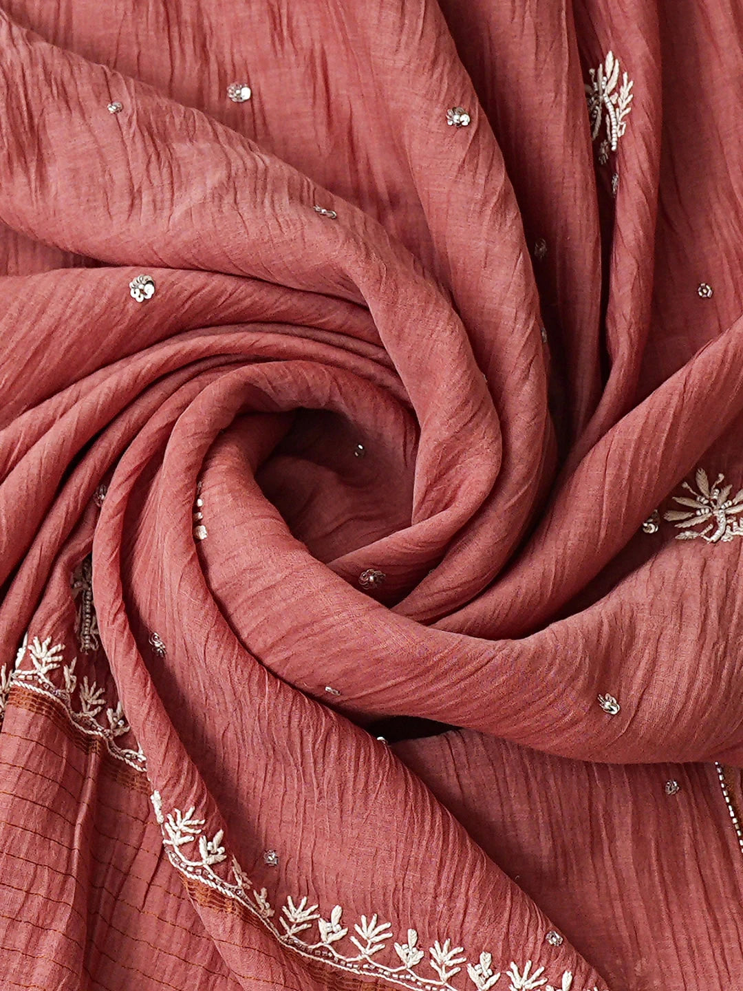 Ada Hand Embroidered Dusty Peach Chanderi Lucknowi Chikankari Unstitched Kurta Dupatta Set With Cutdana Work 01A919058