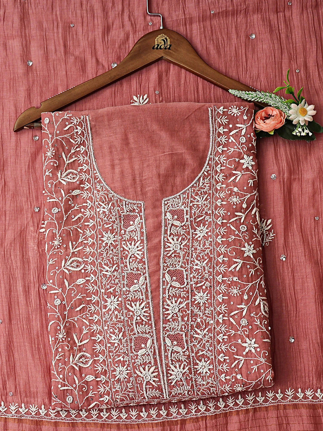 Ada Hand Embroidered Dusty Peach Chanderi Lucknowi Chikankari Unstitched Kurta Dupatta Set With Cutdana Work 01A919058