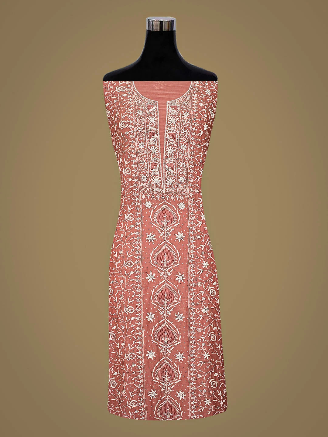 Ada Hand Embroidered Dusty Peach Chanderi Lucknowi Chikankari Unstitched Kurta Dupatta Set With Cutdana Work 01A919058