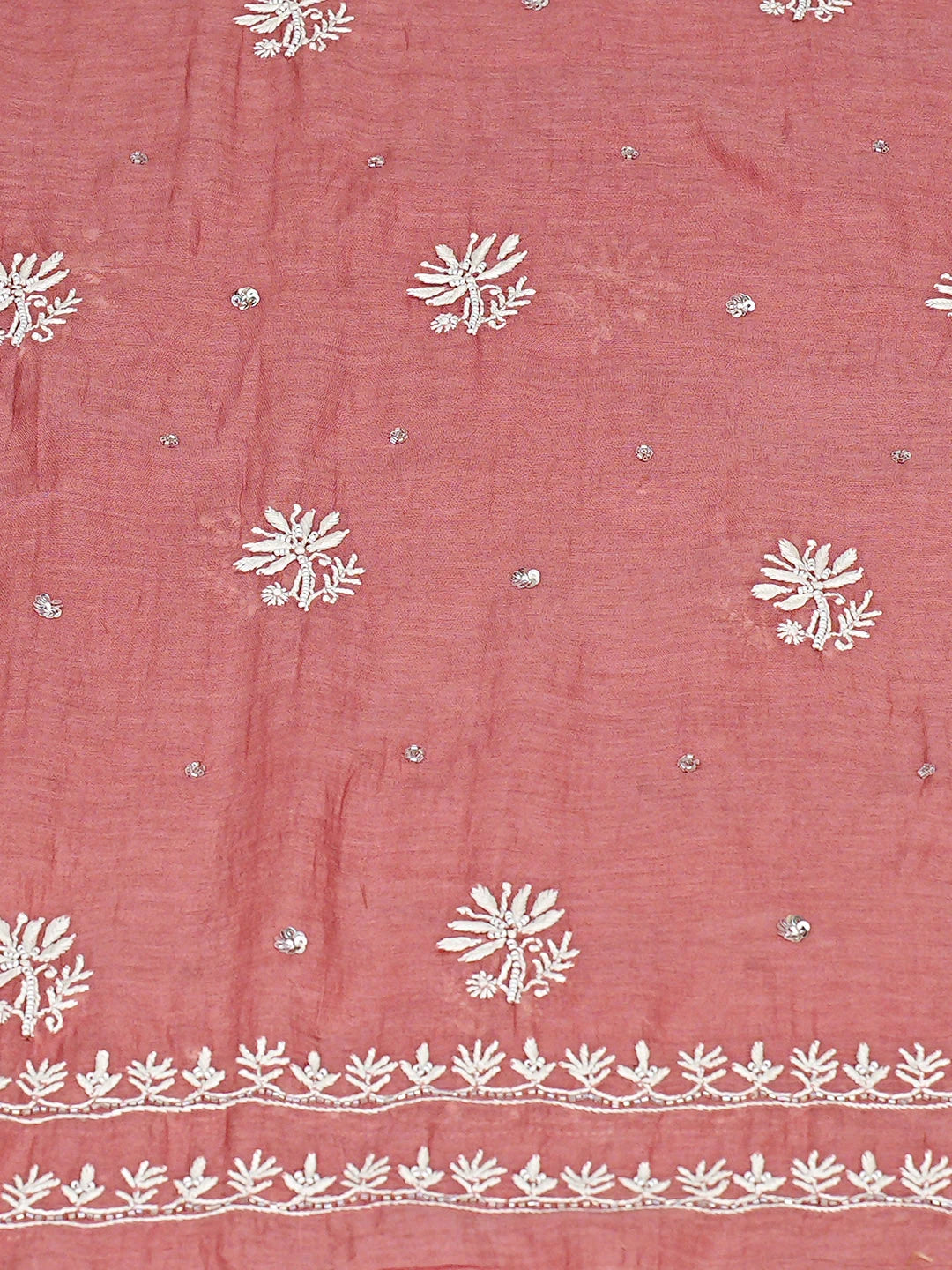 Ada Hand Embroidered Dusty Peach Chanderi Lucknowi Chikankari Unstitched Kurta Dupatta Set With Cutdana Work 01A919058