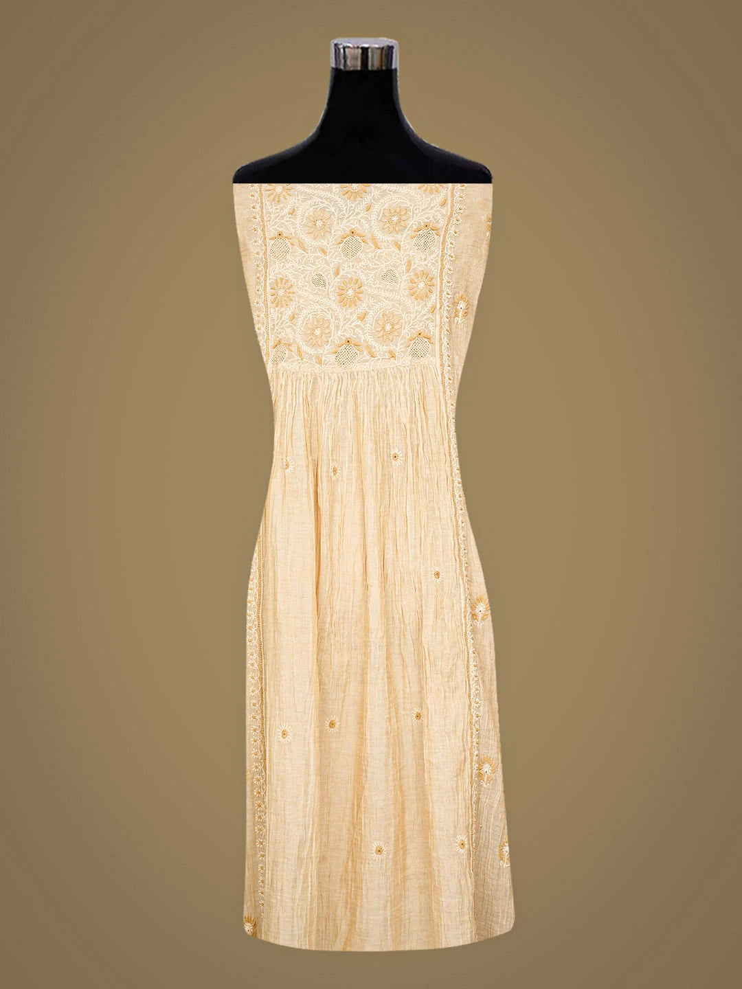 Ada Hand Embroidered Fawn Tissue Lucknowi Chikankari Semi-stitched Kurta Dupatta Set 01A920353