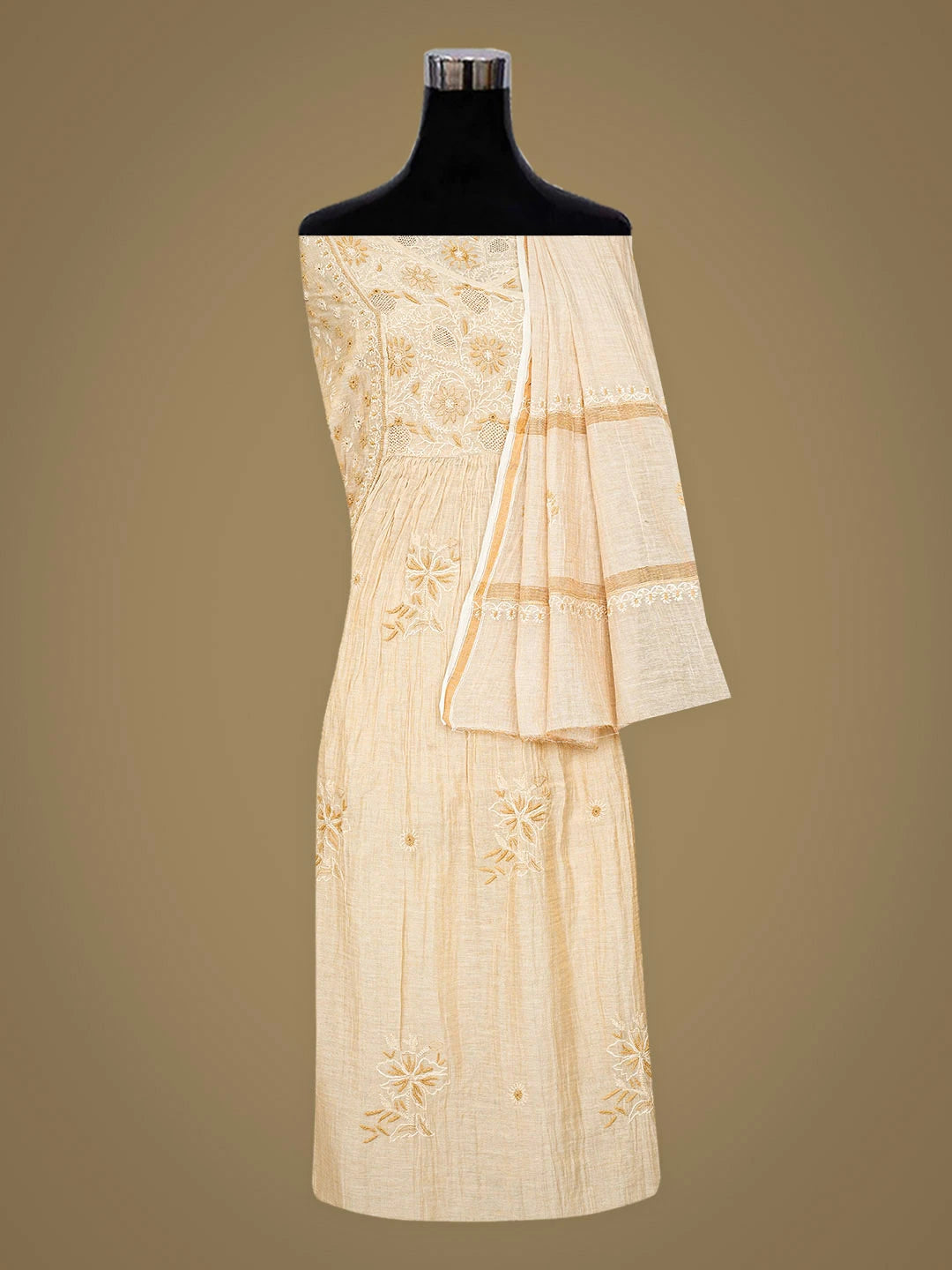 Ada Hand Embroidered Fawn Tissue Lucknowi Chikankari Semi-stitched Kurta Dupatta Set 01A920353
