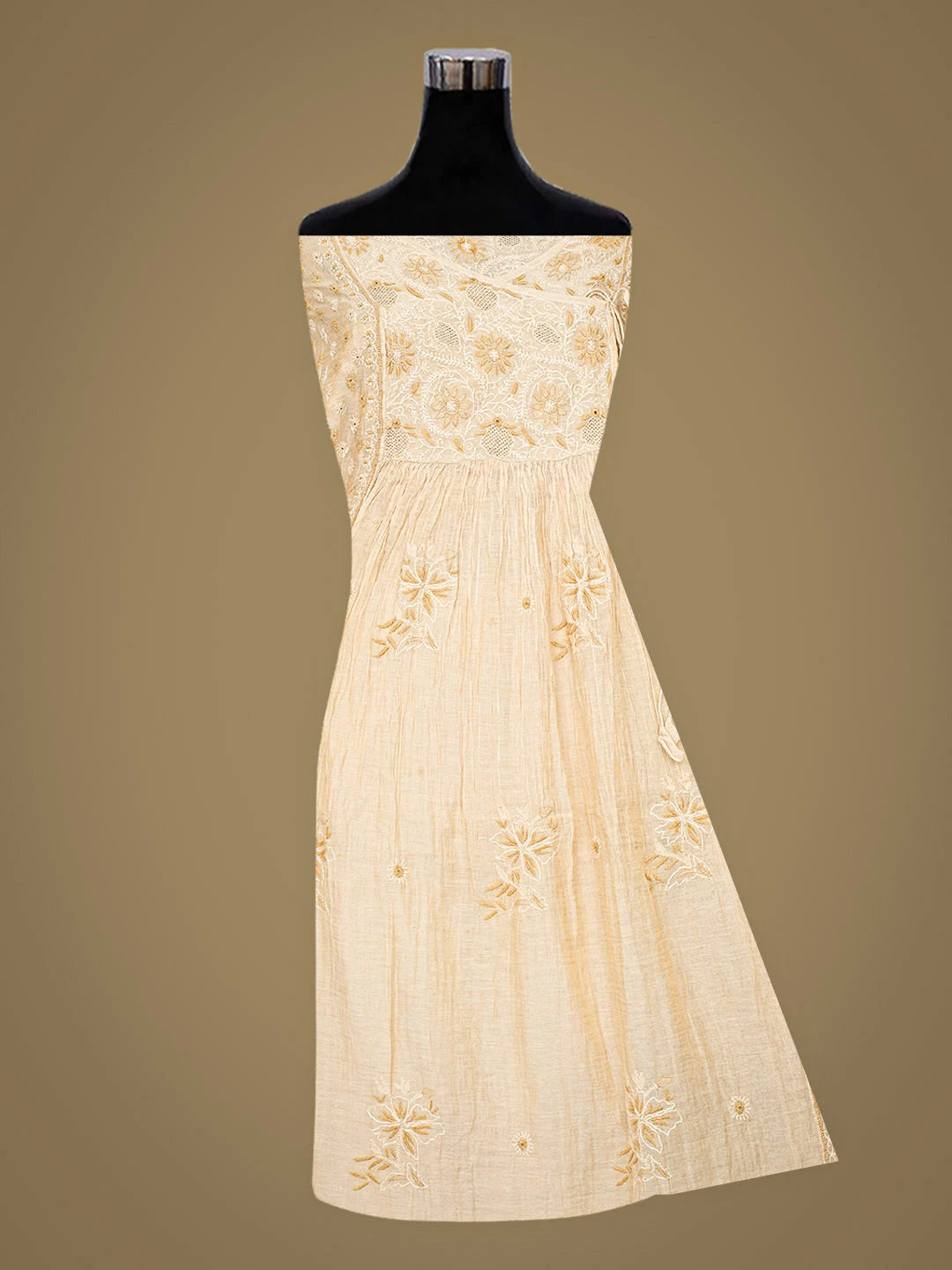 Ada Hand Embroidered Fawn Tissue Lucknowi Chikankari Semi-stitched Kurta Dupatta Set 01A920353