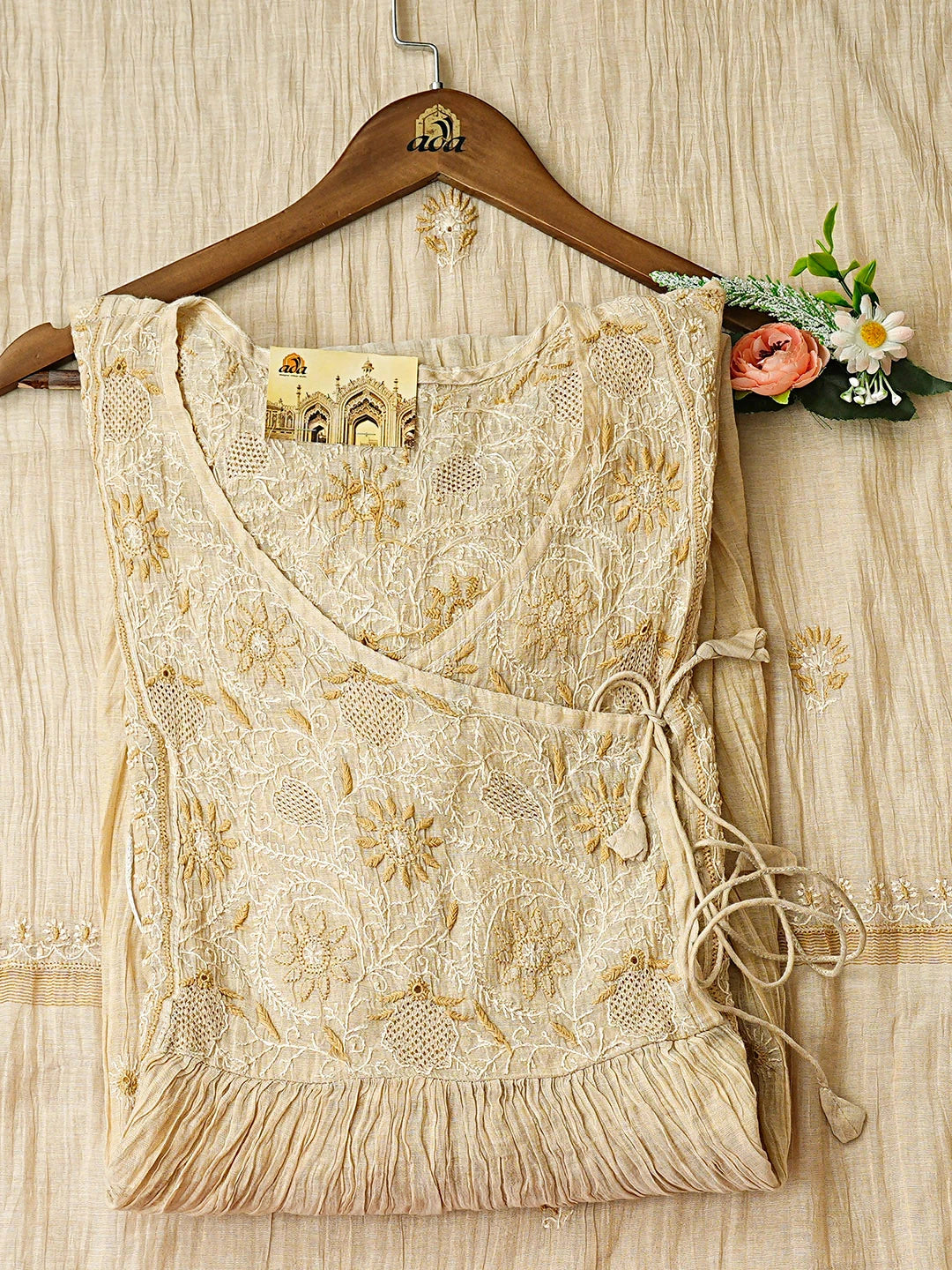 Ada Hand Embroidered Fawn Tissue Lucknowi Chikankari Semi-stitched Kurta Dupatta Set 01A920353