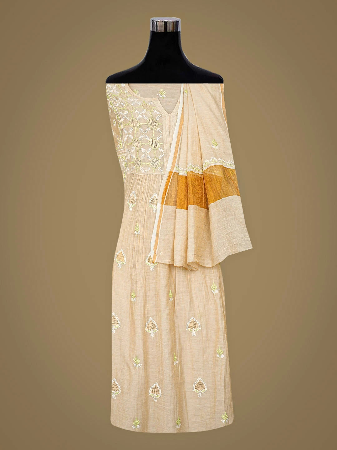 Ada Hand Embroidered Fawn Tissue Lucknowi Chikankari Semi-stitched Kurta Dupatta Set 01A920395