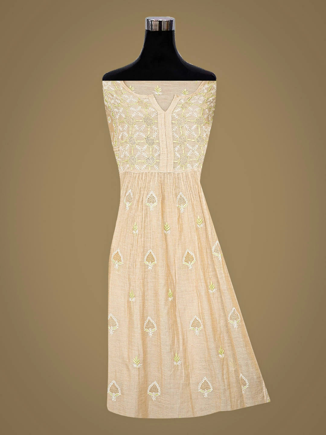 Ada Hand Embroidered Fawn Tissue Lucknowi Chikankari Semi-stitched Kurta Dupatta Set 01A920395