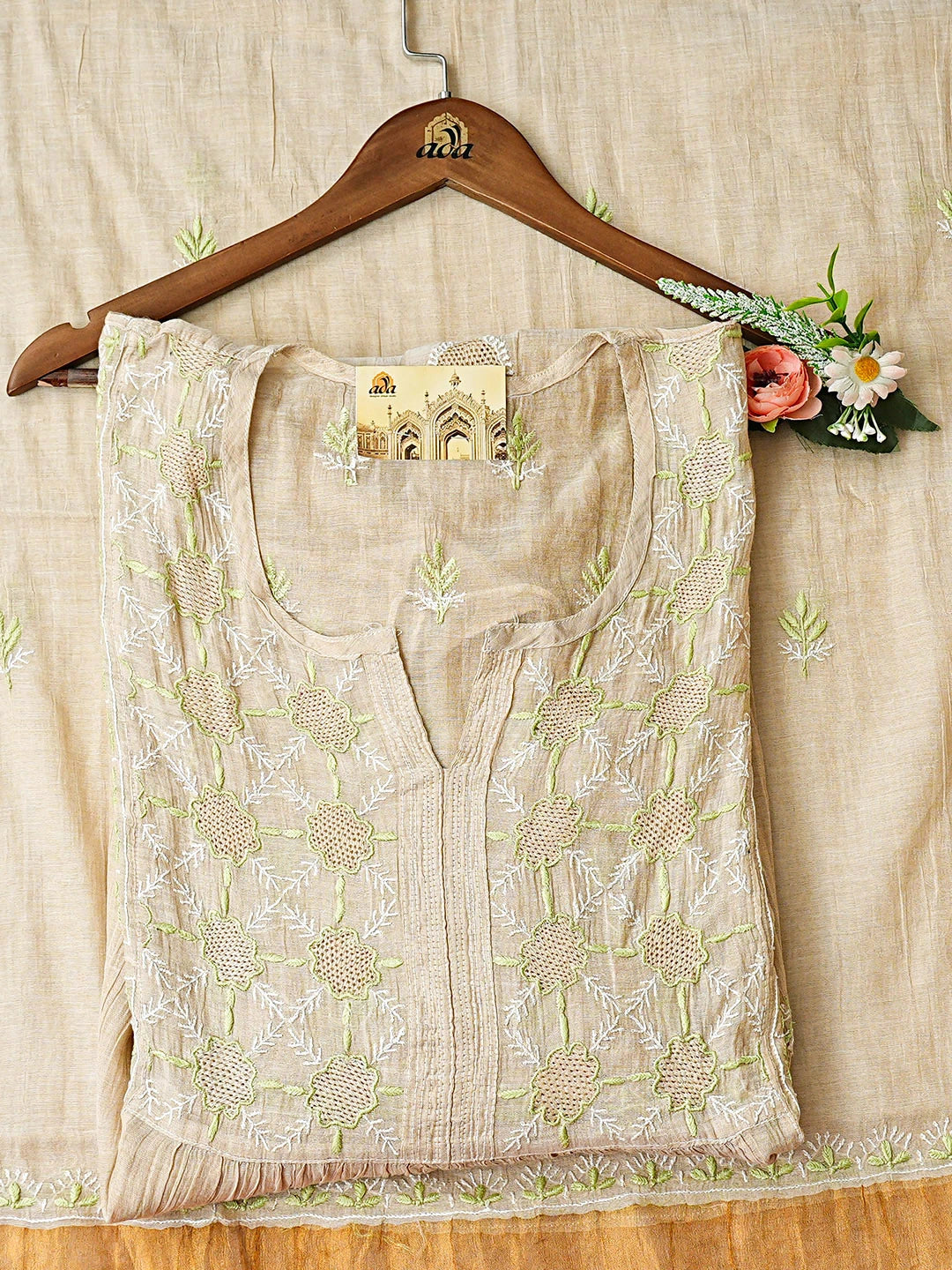Ada Hand Embroidered Fawn Tissue Lucknowi Chikankari Semi-stitched Kurta Dupatta Set 01A920395