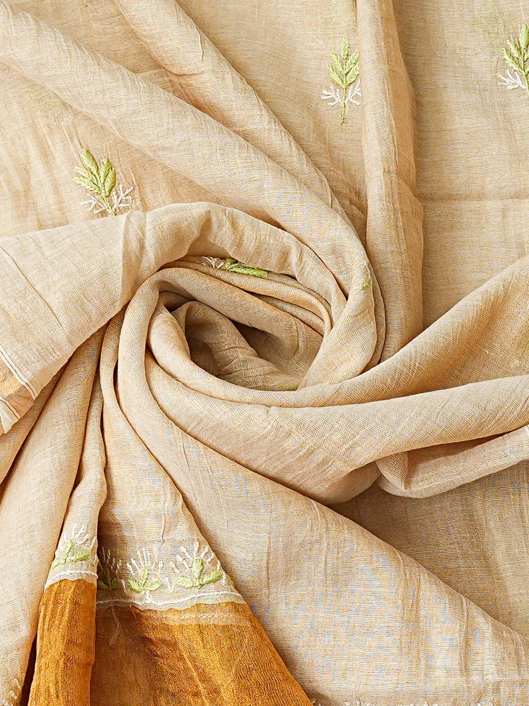 Ada Hand Embroidered Fawn Tissue Lucknowi Chikankari Semi-stitched Kurta Dupatta Set 01A920395