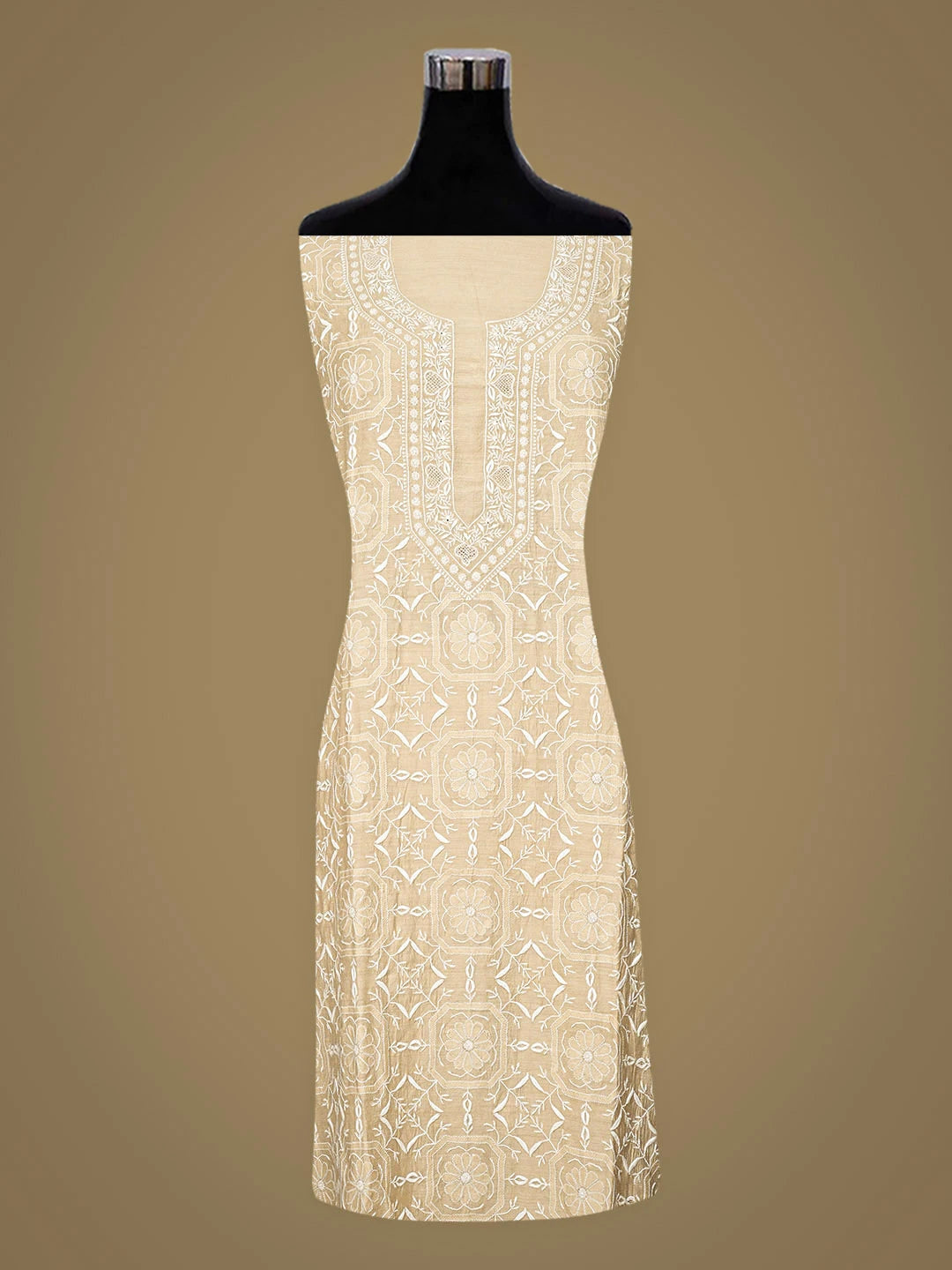 Ada Hand Embroidered Fawn Moonga Silk Lucknowi Chikankari Semi-Stitched Kurta Dupatta Set 01A920326