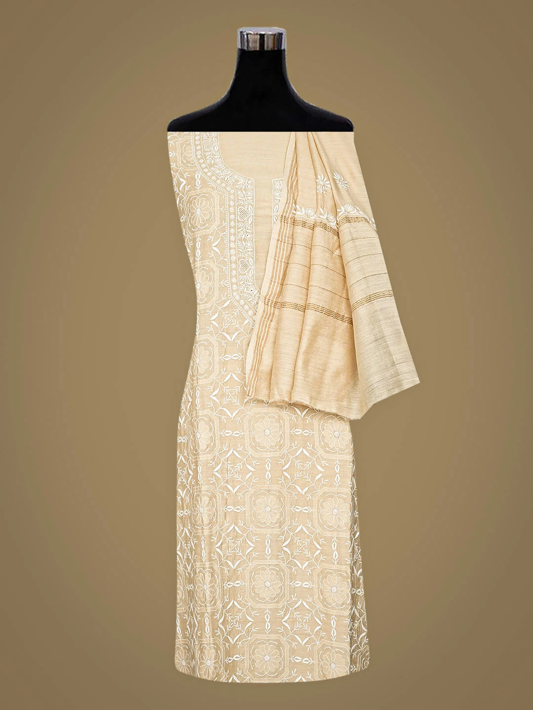 Ada Hand Embroidered Fawn Moonga Silk Lucknowi Chikankari Semi-Stitched Kurta Dupatta Set 01A920326