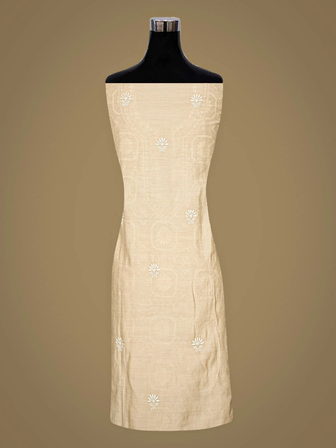Ada Hand Embroidered Fawn Moonga Silk Lucknowi Chikankari Semi-Stitched Kurta Dupatta Set 01A920326