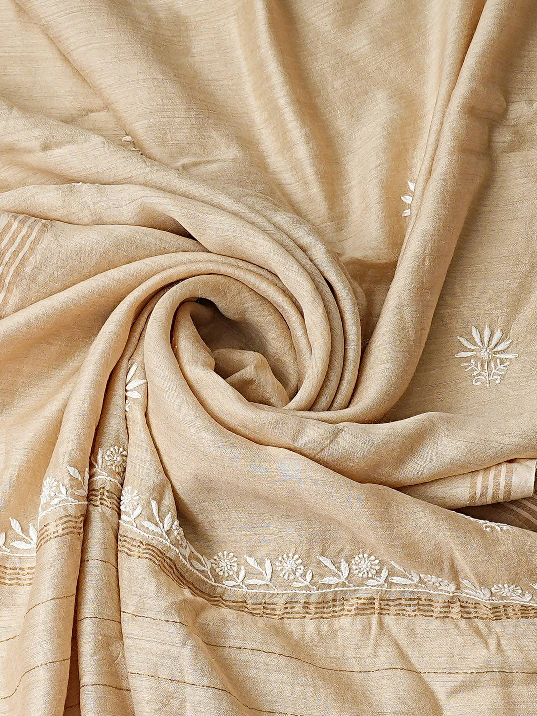 Ada Hand Embroidered Fawn Moonga Silk Lucknowi Chikankari Semi-Stitched Kurta Dupatta Set 01A920326