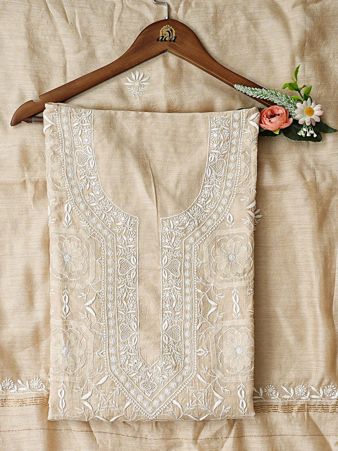 Ada Hand Embroidered Fawn Moonga Silk Lucknowi Chikankari Semi-Stitched Kurta Dupatta Set 01A920326