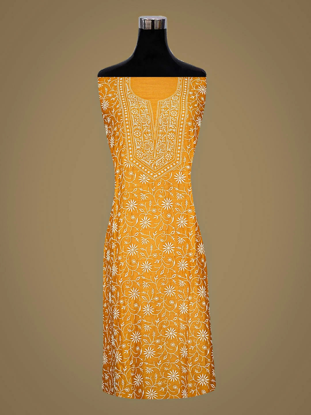 Ada Hand Embroidered Mustard Moonga Silk Lucknowi Chikankari Semi-Stitched Kurta Dupatta Set 01A920292
