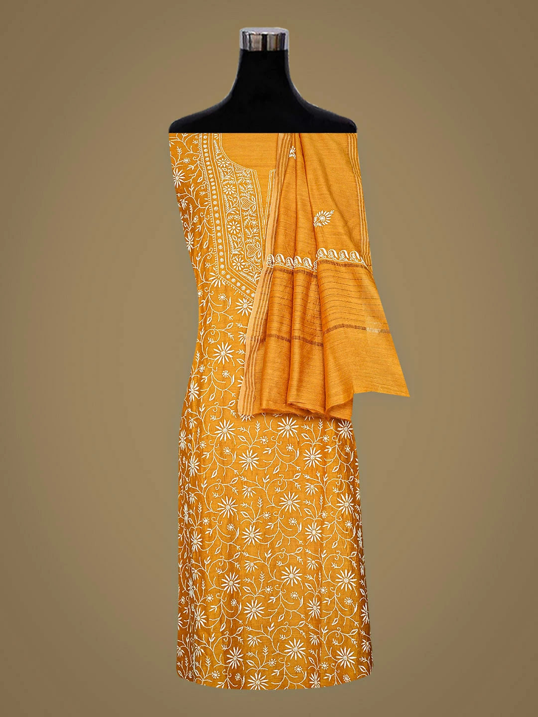 Ada Hand Embroidered Mustard Moonga Silk Lucknowi Chikankari Semi-Stitched Kurta Dupatta Set 01A920292