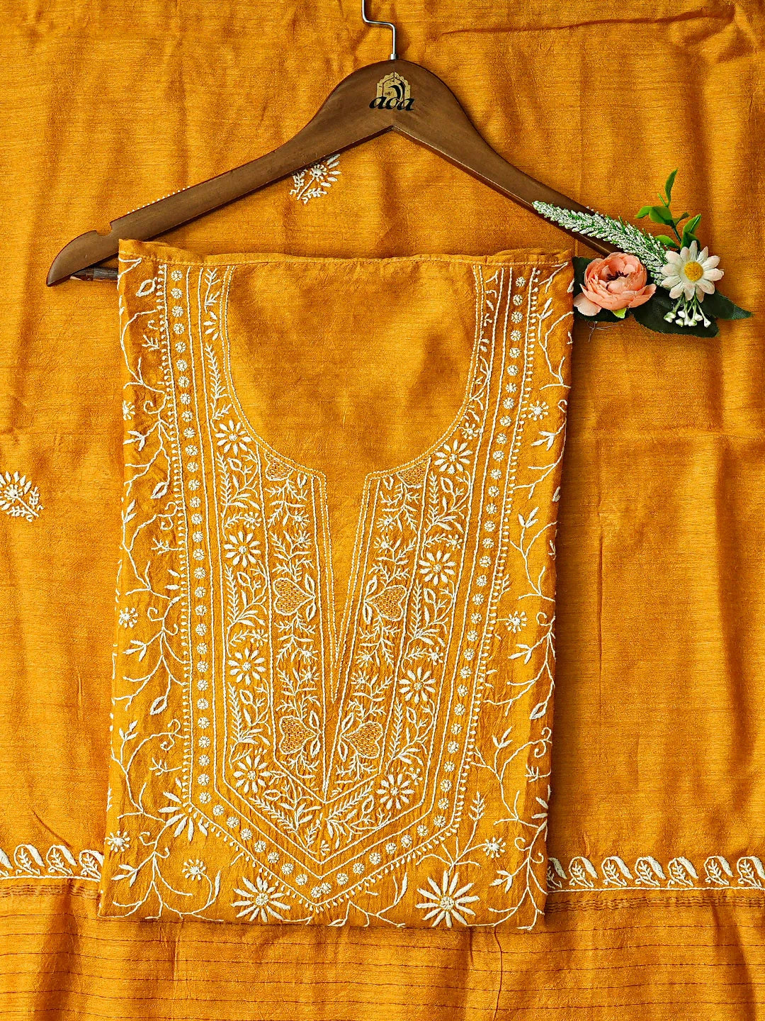 Ada Hand Embroidered Mustard Moonga Silk Lucknowi Chikankari Semi-Stitched Kurta Dupatta Set 01A920292