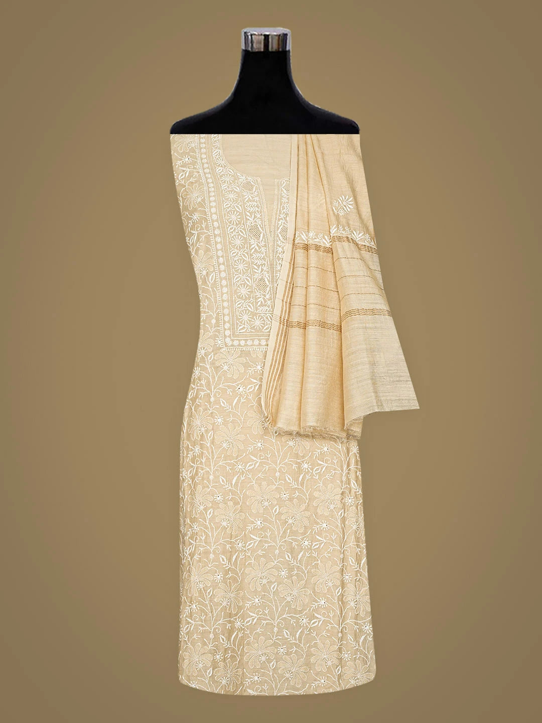 Ada Hand Embroidered Fawn Moonga Silk Lucknowi Chikankari Semi-Stitched Kurta Dupatta Set 01A920328